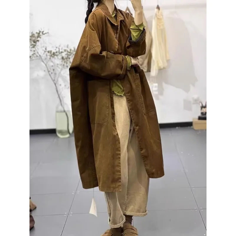 

Loose Knee-Length Artistic Sle Women's Workwear Coat Long Sve Cotton Casual Faion Mid-Length Windbreaker Jaet