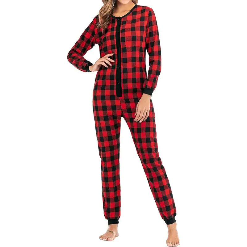 

Combhasaki Women Christmas Sleeping Rompers Pajamas Long Sleeve Button Round Neck Plaid Henley Thermal Onesi Homewear Jumpsuits