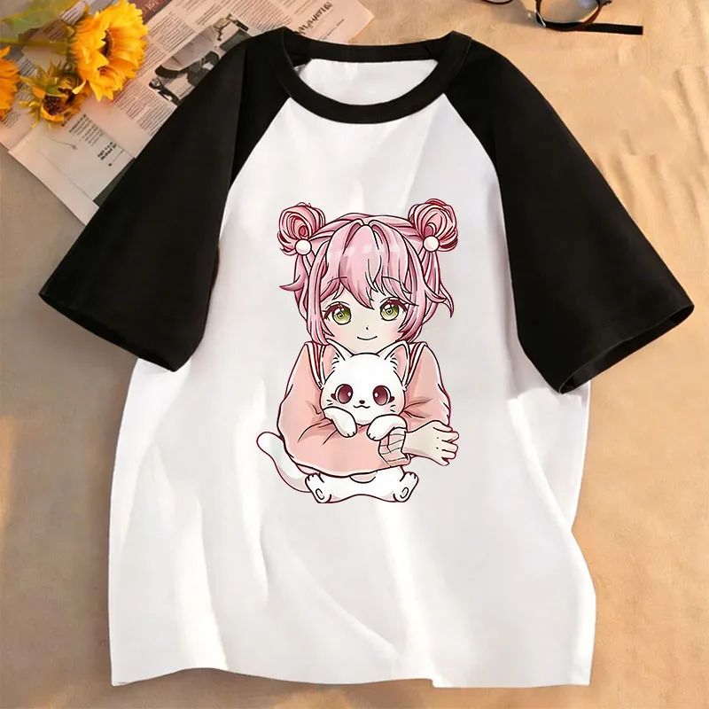 Japanese Anime Style Girl with Cat Design T Shirts Manga Kids Children's T-shirt Boys Girls Summer Spring Casual Top Tee Shirt