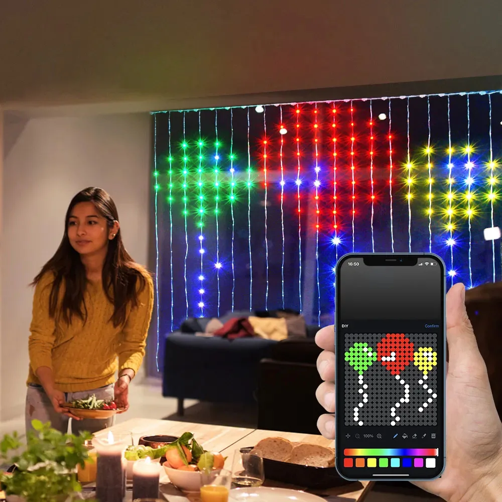 400LEDs Smart Curtain Lights Bluetooth App LED String RGB Fairy Lights DIY Music Change Display for Window Bedroom Decoration