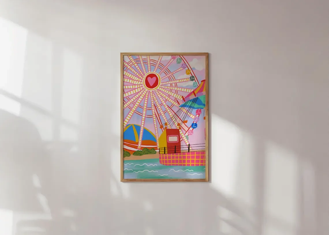 Nostalgische Kirmes-Freude Wandkunst - Verspielter Grafikdruck, der die Magie eines Vergnügungsparks festfängt. Die sanften Pastelltöne und l
