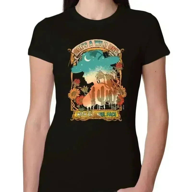 She's A Wild One Country Angel Face Sunset Cowgirl Women Slim Fit Junior T Shirt