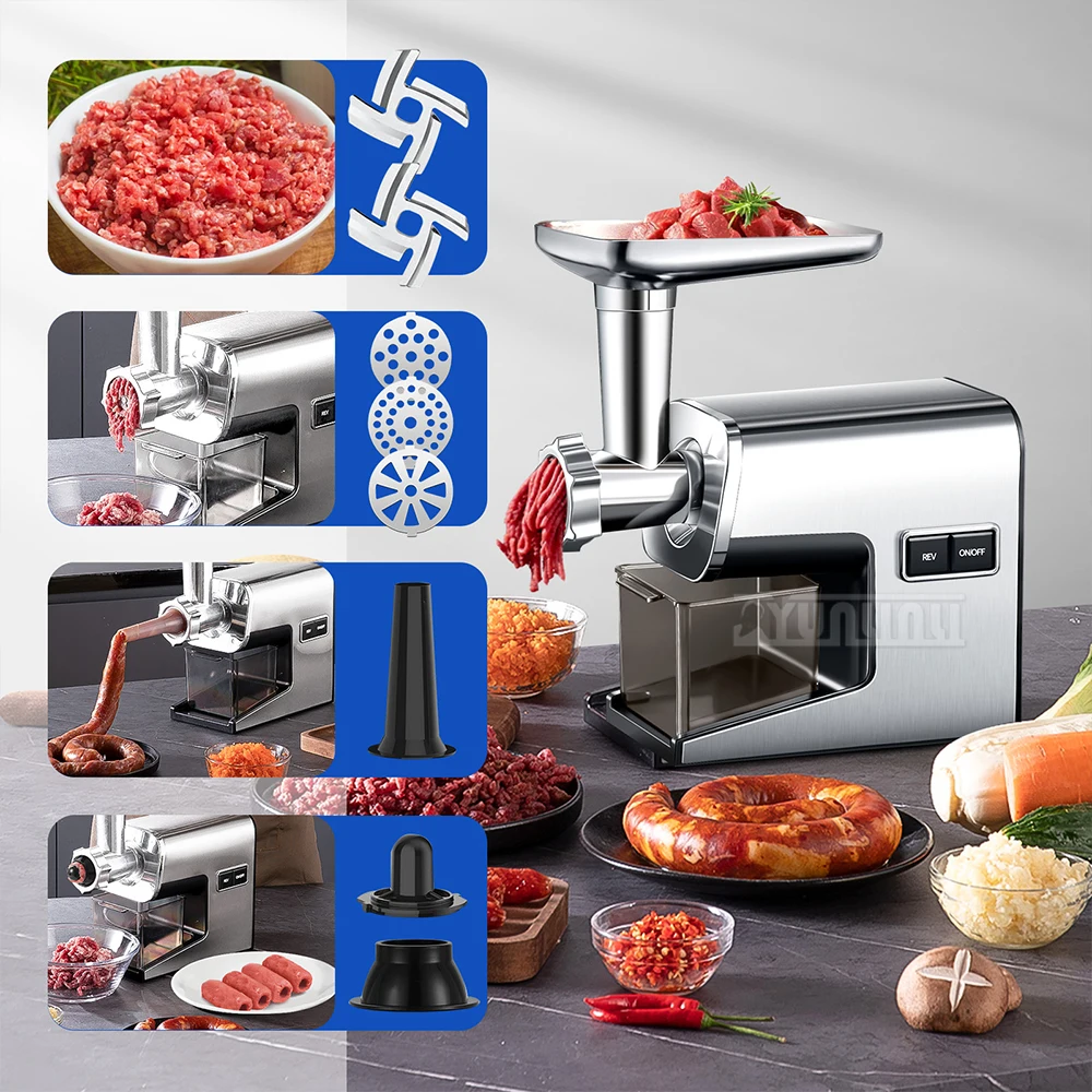 مفرمة لحم كهربائية جديدة 2025 ماكينة حشو السجق 220 فولت منتج أغذية من الفولاذ المقاوم للصدأ تجاري