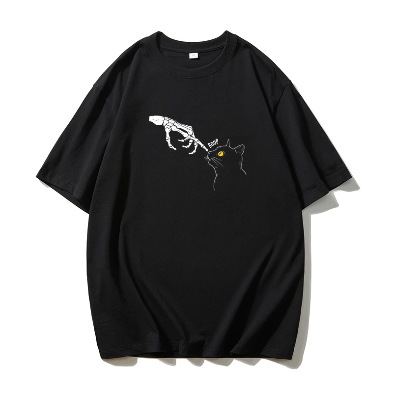 

2025 Summer Skull Funny and fun cat pattern printed cotton T-shirt loose and fashionable short-sleeved men's and women's top