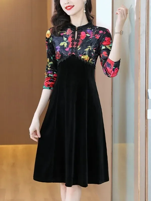 

New Long Sleeve Safflower patchwork Midi Dress Women Luxury Elegant Party Dress Autumn Winter Cheongsam collar Casual Dress