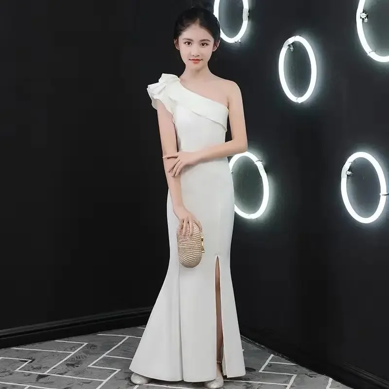 White One shoulder Girls Princess Dress Full Length Ruffle Children Evening Dress Side Slit Wedding Ceremony Girl Prom Dresses