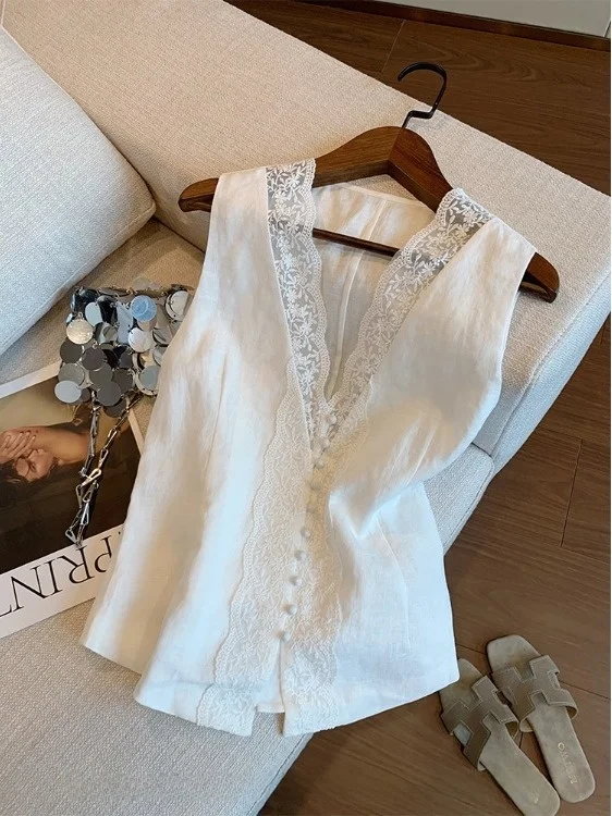 

Lace Patchwork Pure Color V-Neck Sleeveless Vest Top Large Size Women's Fashion Slimming Summer New Style Linen Jacket