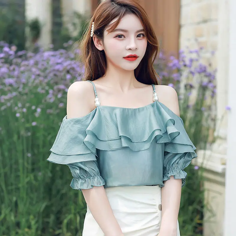 Sweet Slash Neck Ruffles Off Shoulder Beading Slip Blouses Female Clothing 2024 Summer Loose Korean Tops Princess Sleeve Shirts