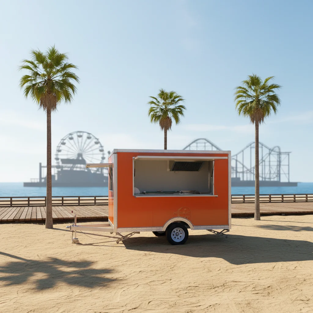 

Оранжевый квадратный мобильный фуд-трейлер с одной осью, внутренней вытяжкой из нержавеющей стали и окном для выдачи еды для уличного кейтеринга