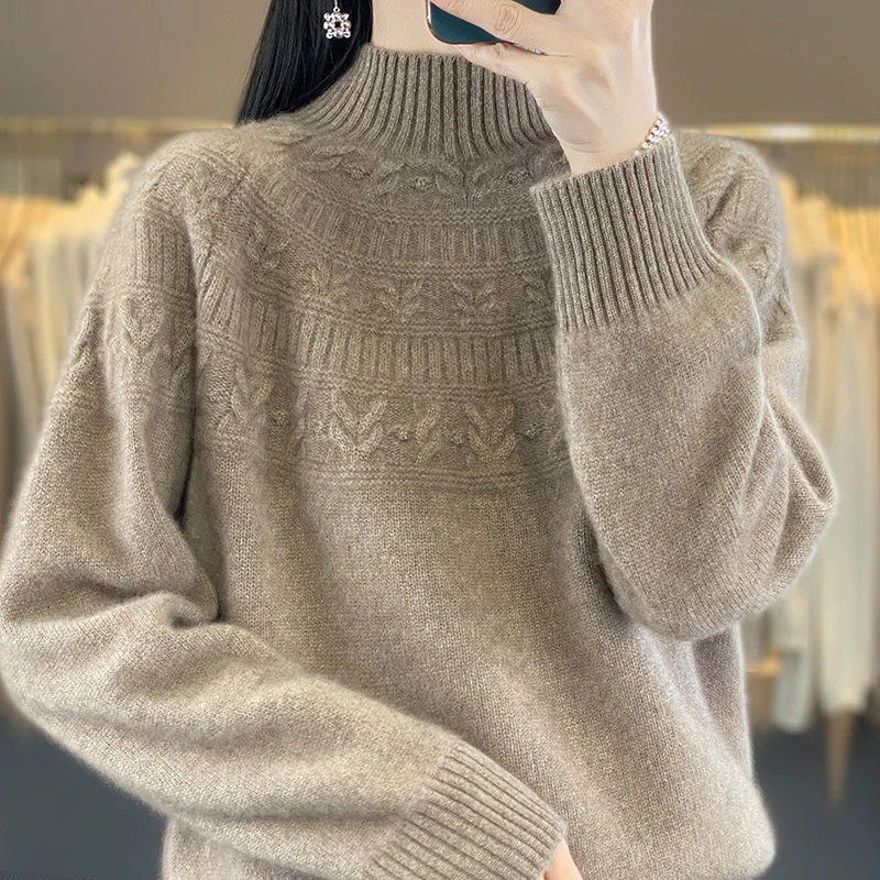 

Basic Jacquard 100% Merino Wool Sweater Half-Turtleneck Cashmere Pullover Long Sleeves Solid Color Soft Fashion Clothing Top