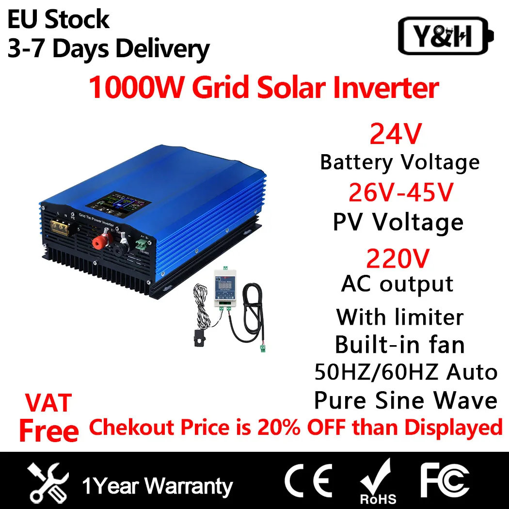 Y&H 1KW 1.2KW MPPT Grid Solar Inverter With Limiter LCD Solar Panel 24V DC26-45V 48V DC55-90V AC230V Pure Sine Wave Output