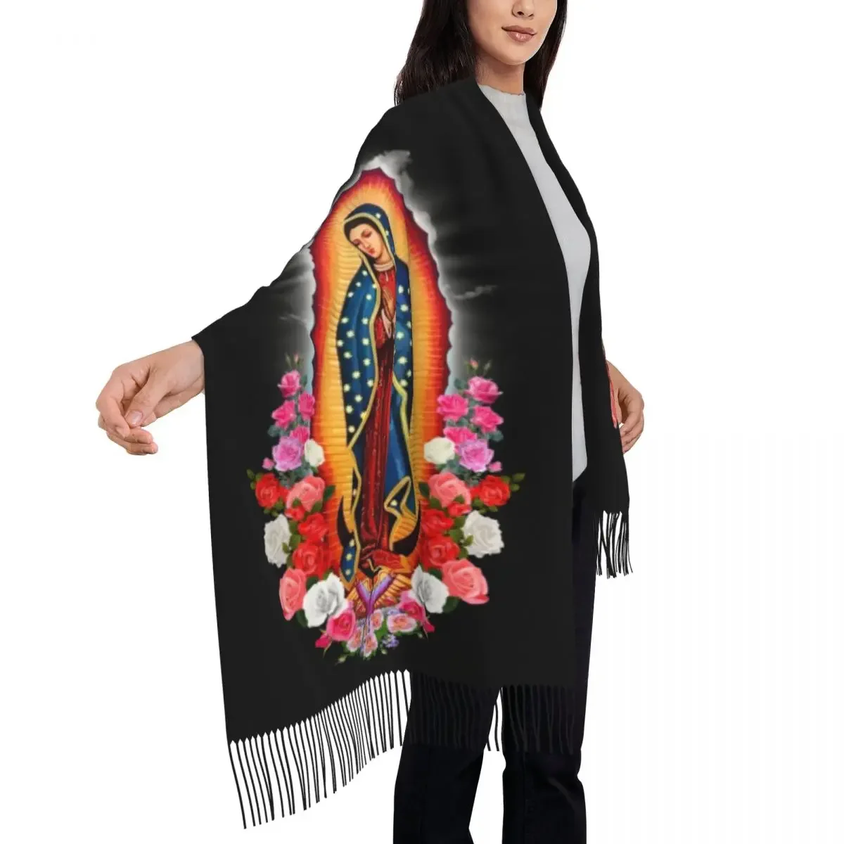 Custom Virgin Mary Of Guadalupe Tassel Scarf Women Soft Mexico Catholic Saint Shawls Wraps Ladies Winter Scarves