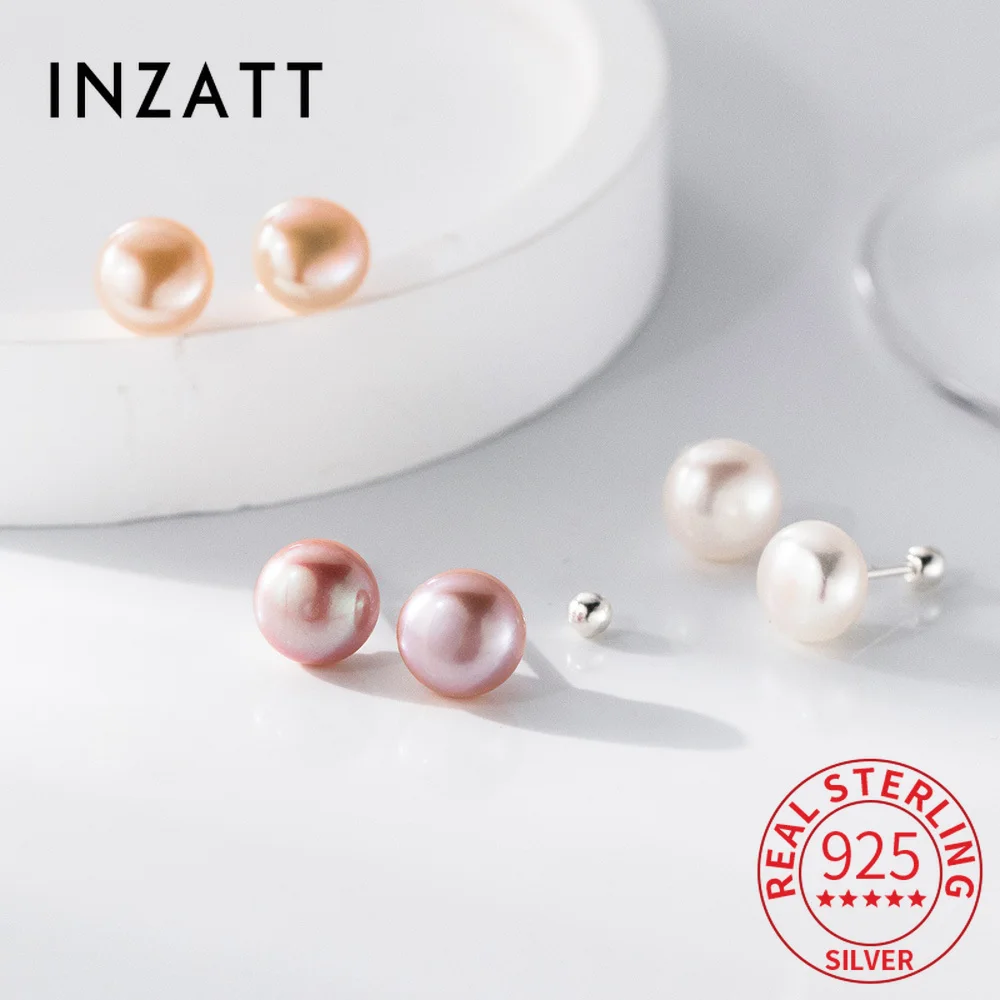 

INZATT Real 925 Sterling Silver Natural Pearl Bead Screw Stud Earrings for Women Classic Fine Jewelry Light Luxury Accessories