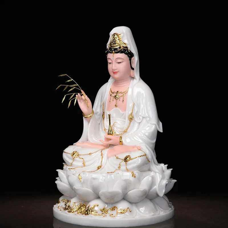 Guanyin Bodhisattva Buddha statue, white marble Guanyin household lotus South China Sea Guanyin Saopo three holy statue