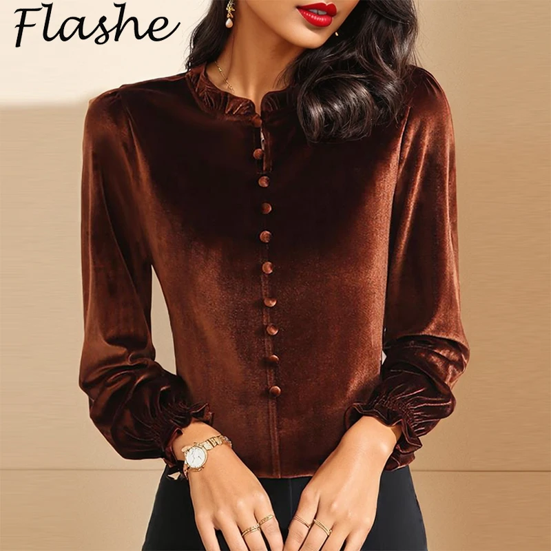 Gold Velvet Shirt Women Elegant O Neck Long Sleeve Button Tops Female Autumn Winter Blouses For Women Office Shirt