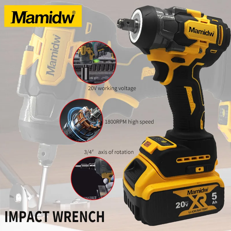 

Бесщеточный электрический ударный гайковерт Mamidw 1000N.M с крутящим моментом, аккумуляторный драйвер ﻿ Электроинструменты для аккумуляторного штифта Dewalt 20 В