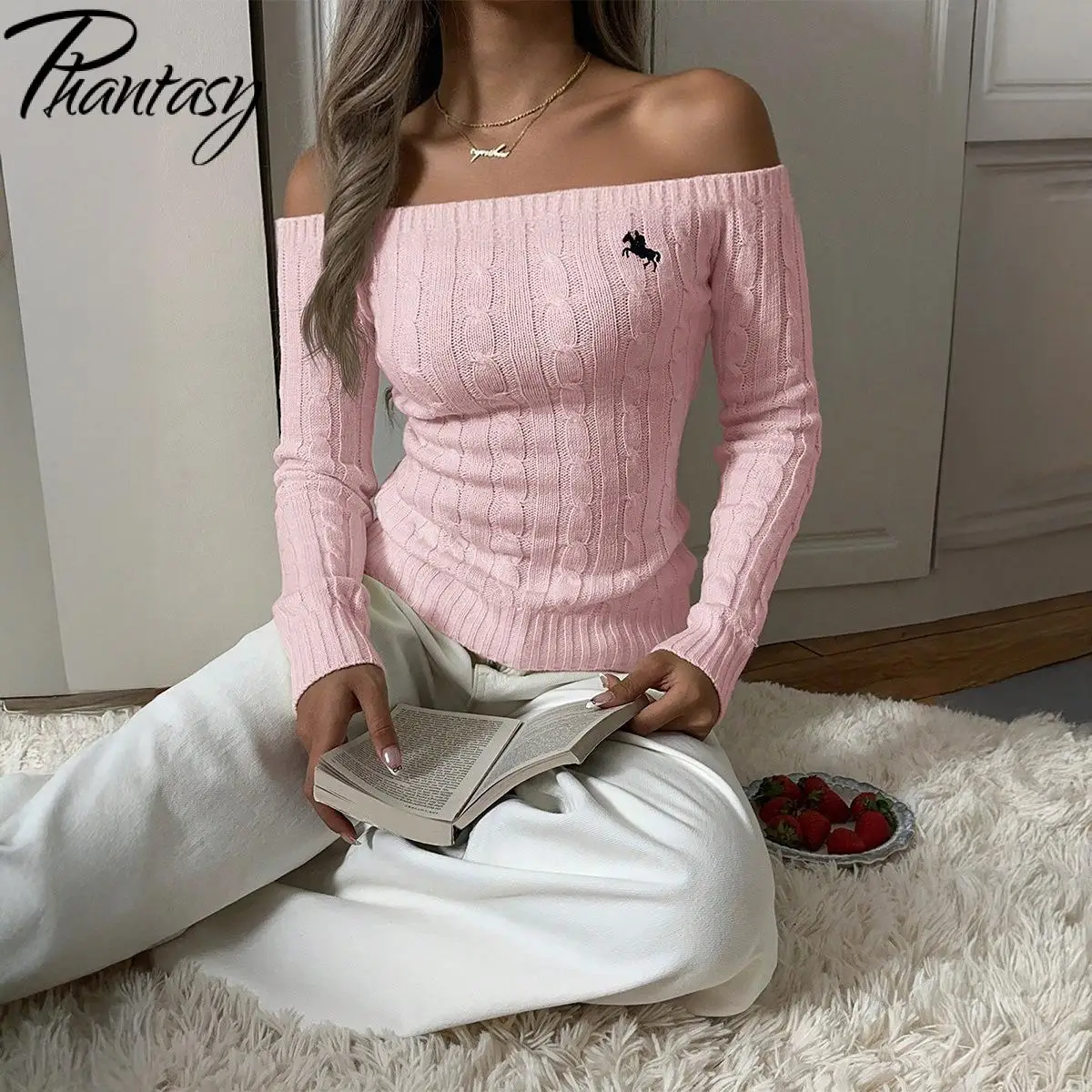 

Phantasy, осенний модный простой свитер с открытыми плечами и длинными рукавами, женский повседневный тонкий узкий пуловер, топ, минималистичный свитер