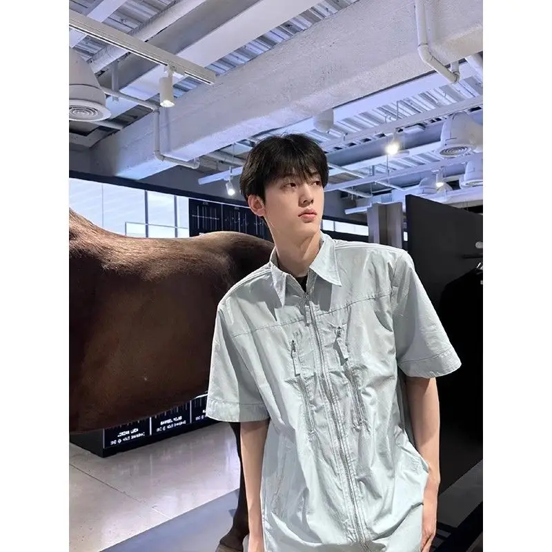 Zippered Shoulder Pad Shirt Men's Short-sleeved Summer High-end Work Shirt Design Sense Five-point Sleeve