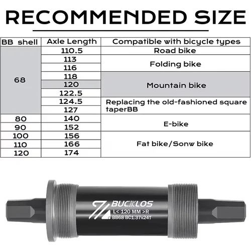 Imagen 2 del producto BUCKLOS bicicleta de montaña BB soporte inferior cuadrado BB68 roscado CNC bicicleta de nieve grasa soporte inferior 110.5 116 118 120 152 166mm
