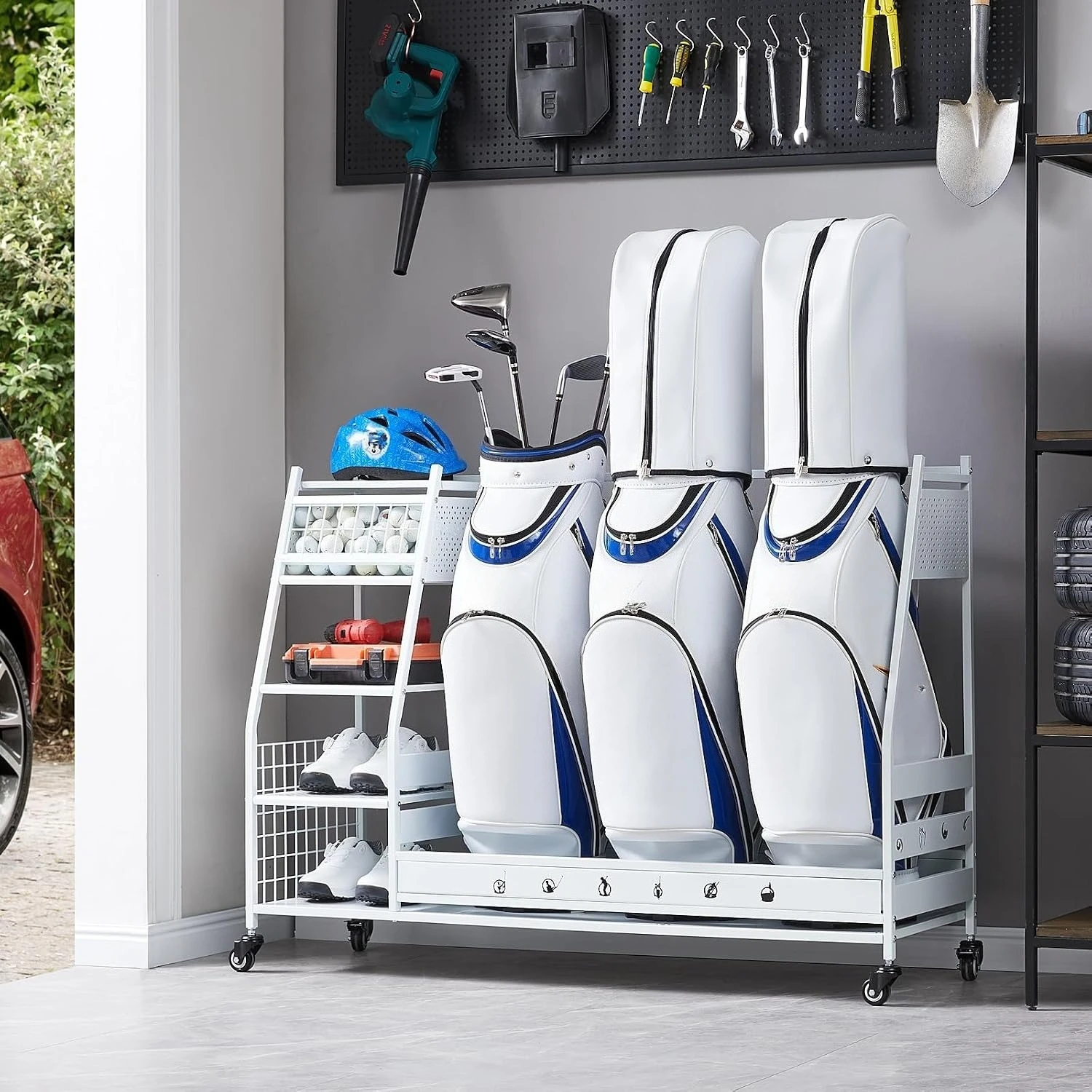 Golf Equipment Organizer For Garage - Rak Penyimpanan Tas Golf Logam, Organizer