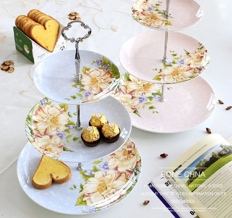 6+8+10inch, Fine Bone China Floral Cake Plate Stand, Beauty Party Buffet Serving Plate Set. Bbq Trays Decorative, Dessert Plate