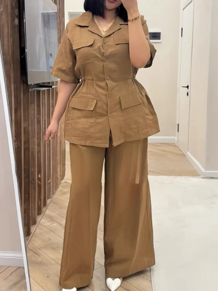 

2 Piece Women Set Summer Autumn Short Sleeve Shirt Blouse Top And Pants Suits Outfits Fashion Office Lady Matching Sets Outfit