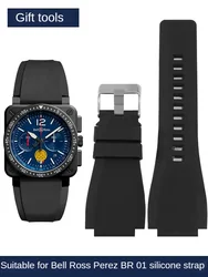 Compatible With Bell Ross Series Waterproof PU Silicone Watch With Black Rubber Raised Interface For Men 24mm