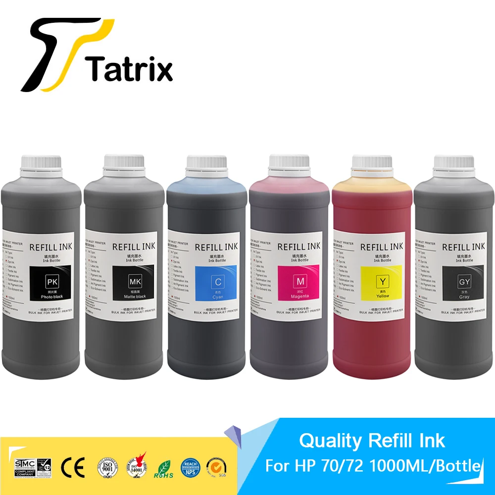 Tatrix 1000ML/Bottle Dye ink for HP70 HP72 Ink Cartridge for HP Designjet T1110 T1120 T1200 T1300 T2300 T610 Z5200 Z2100 Printer