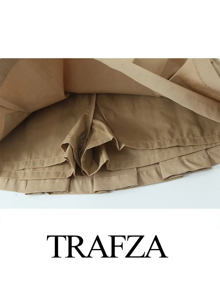 

TRAFZA Women Fashion Pleated High Waist Working Culottes Female Chic Zipper Pocket Trip Strap With Metallic Buckle Casual Skirt