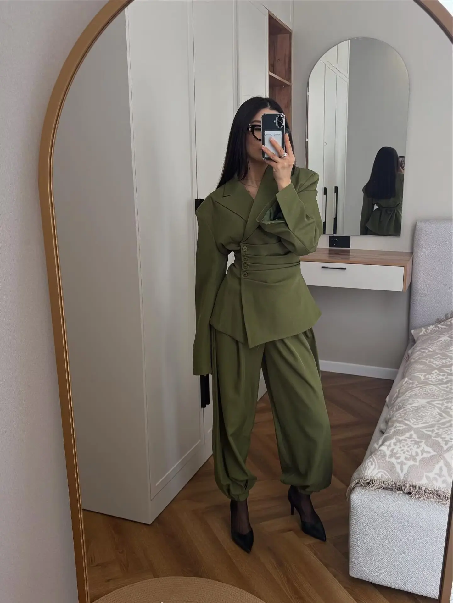 Suninheart Olive Green Asymmetric Blazer & Pants Set – Women's Ruched Waist Suit Two Piece Office Lady Autumn Fashion