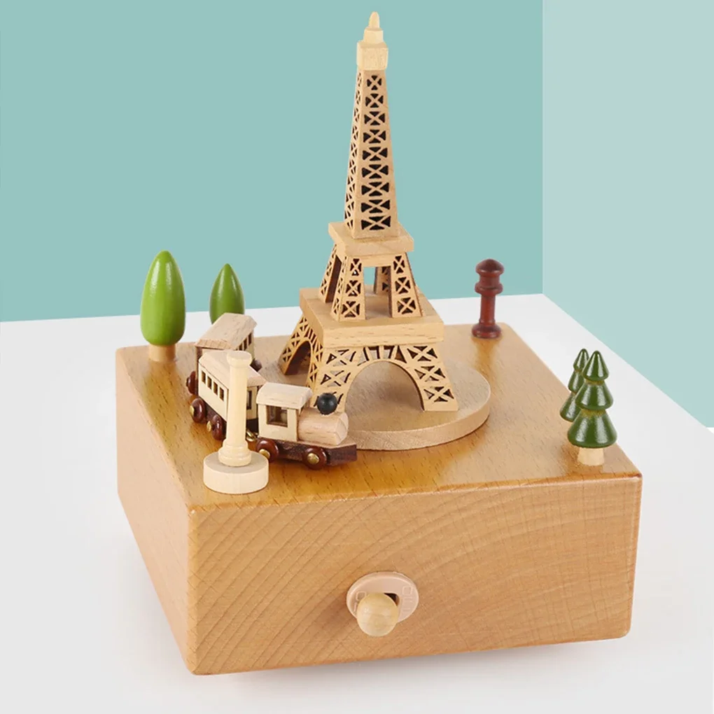 Wooden Carousel Music Box Ornaments Rotatable Hand-cranked Music Box DIY Handmade Birthday Christmas Gift Children’s Toys