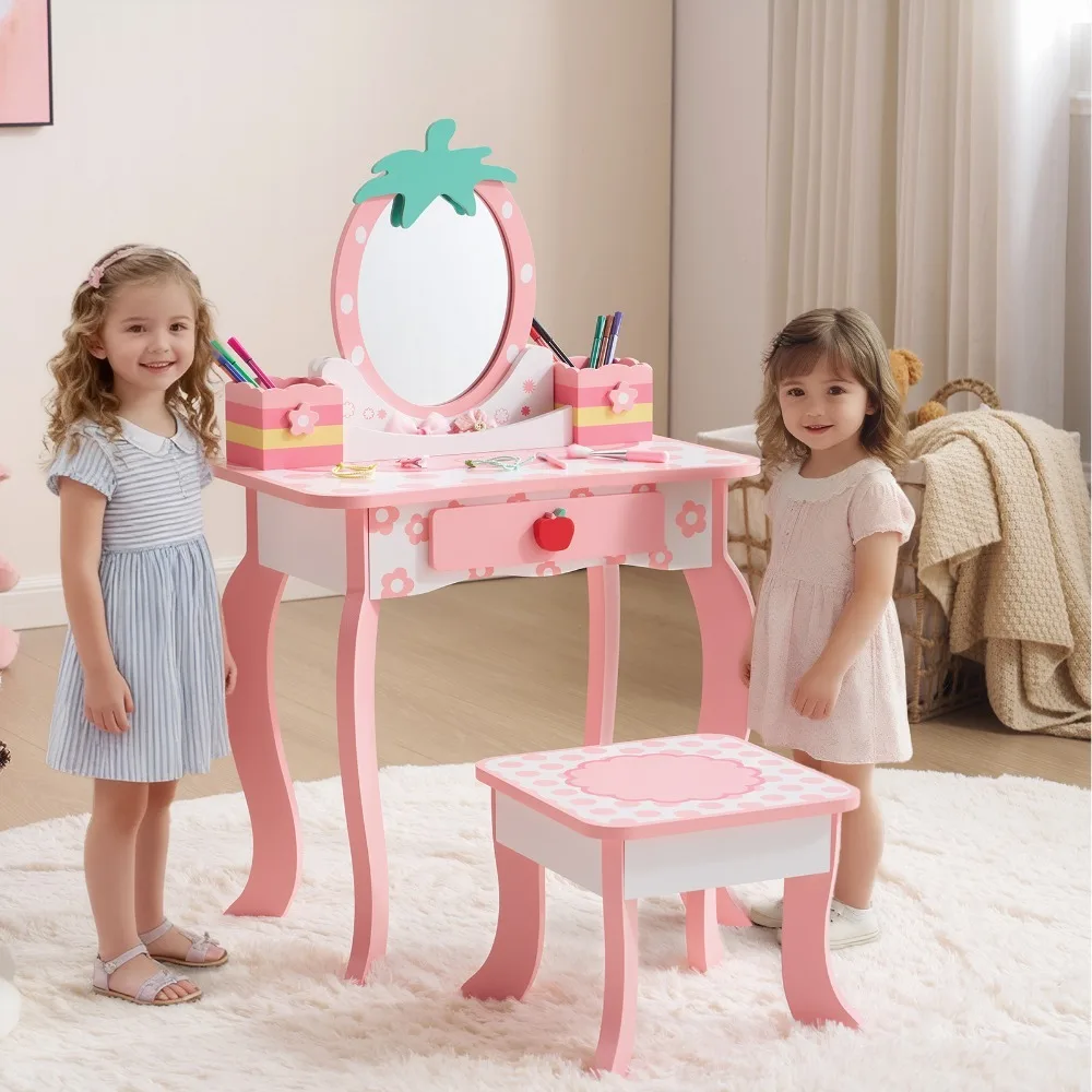 Girls Gift Vanity Makeup Table Girls Dressing Table Set with Mirror and Stool
