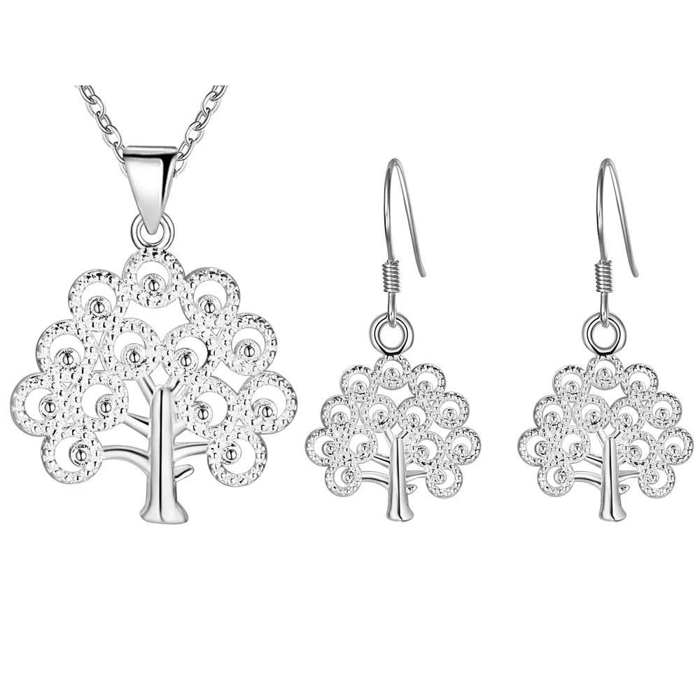 New Korean Fashion 925 Sterling Silver Fine Tree Pendant Necklace Earrings Jewelry Sets For Women Party Wedding Holiday Gifts
