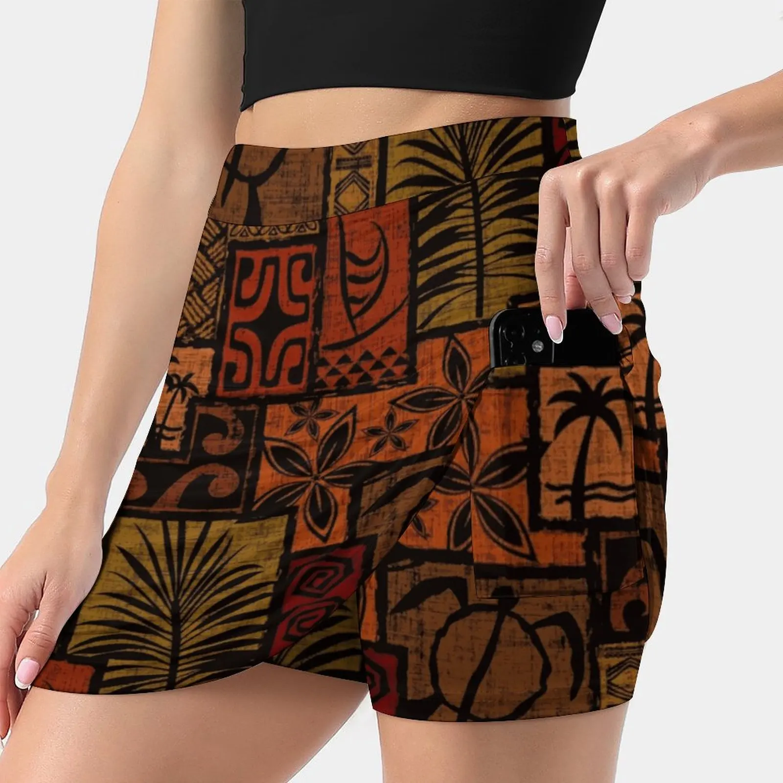 Moku Malihini Black Women Sports Lining Skirt Tennis Dance Fitness Short Printed Skirts Polynesian Oceanic Hawaiian Hawaii