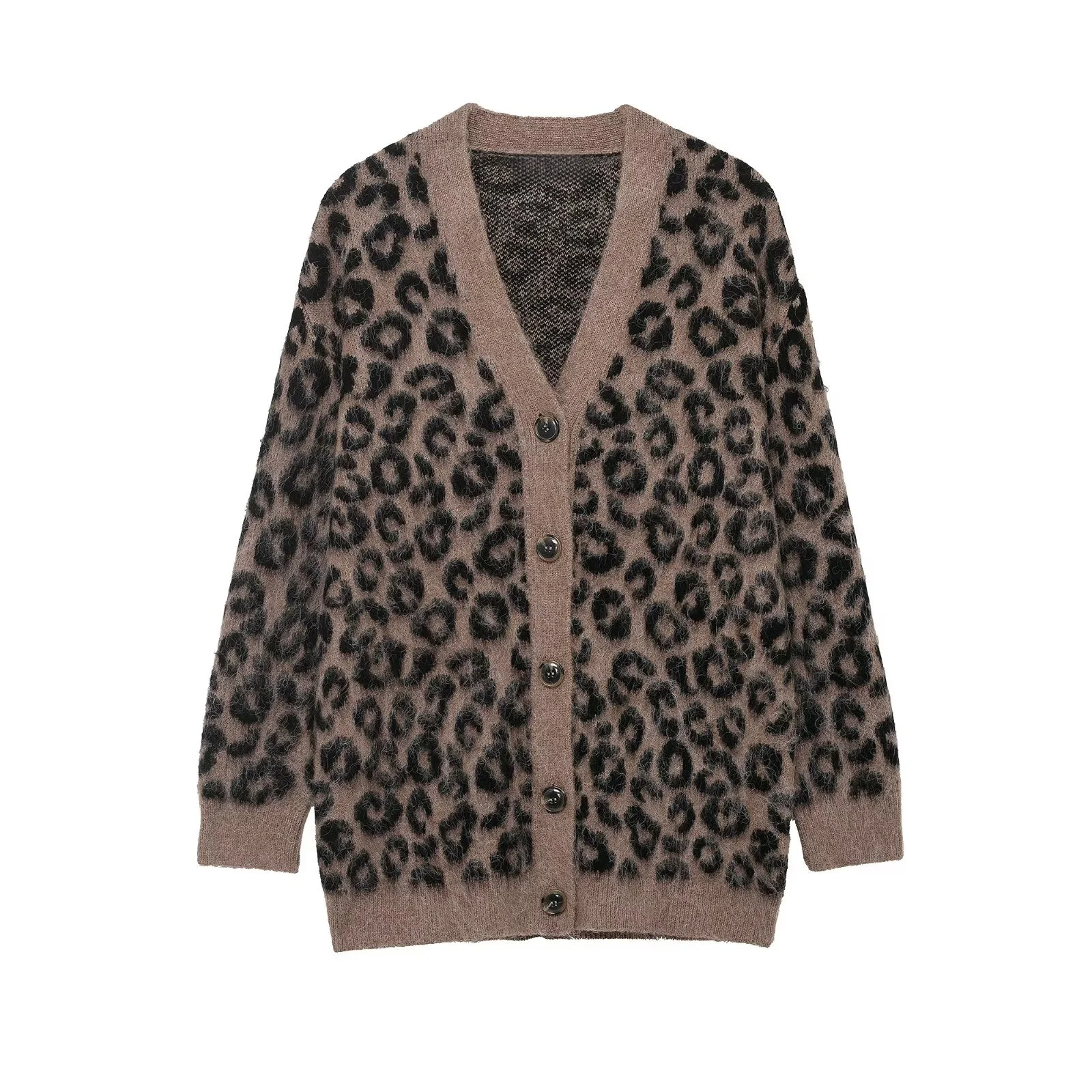 

2025 Winter New Women's Casual Fashionable Lazy Style Leopard Print V-Neck Jacquard Animal Print Knitted Loose Coat