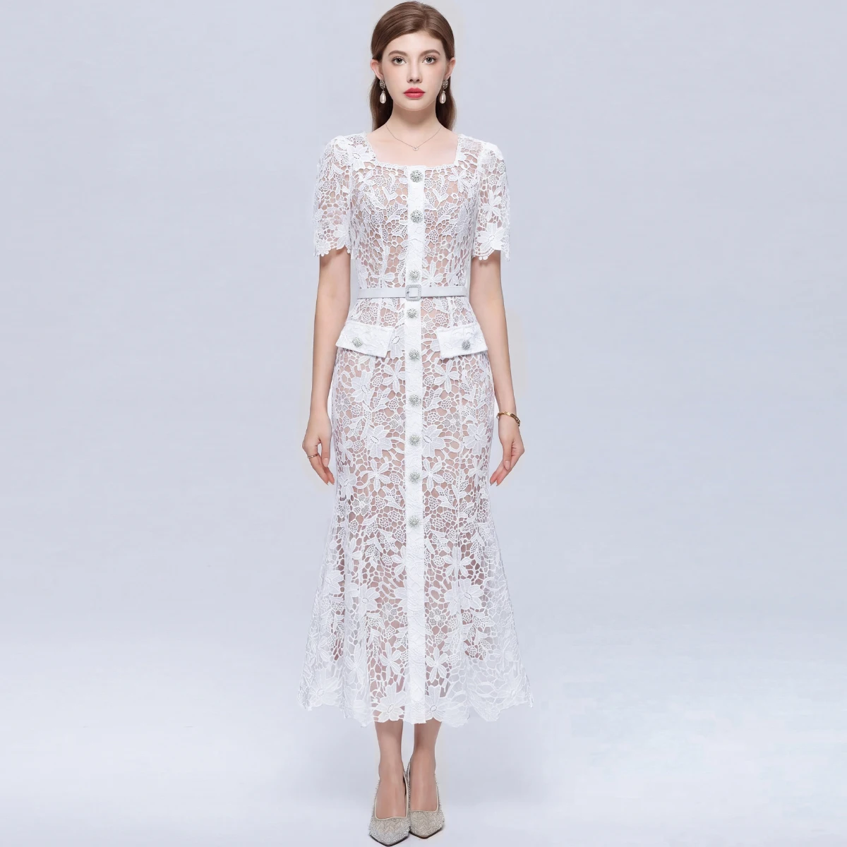 Vestido Midi de Encaje Blanco para Mujer, Manga Abullonada, Cuello Cuadrado, Botones Delanteros, Bolsillos, Corte Ajustado, Elegante, para Invitadas de Boda, Fiesta, Verano 2026, Nuevo