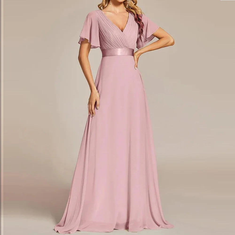 

Women's Dusty Pink V Neck Flutter Sleeve Chiffon Maxi Dress Satin Waist Wedding Guest Bridesmaid Evening Gown