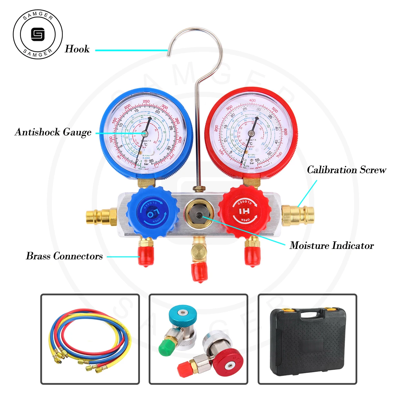 Samger Koelmiddel Manometer Set W/Doos Airconditioning Koeling Set Opladen Slang Voor R134A R22 R12 R502 Koudemiddelen