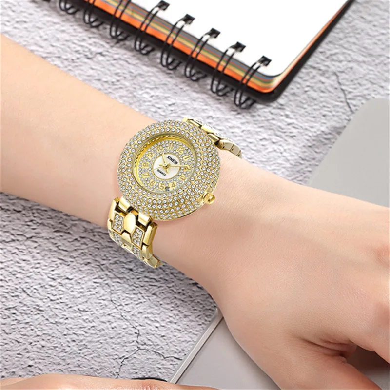 Girls Big Brand Golden Watches Women Fashion Alloy Band Full Diamond Luxury Date Quartz Wrist Watch Silver Femmes Montres Mode