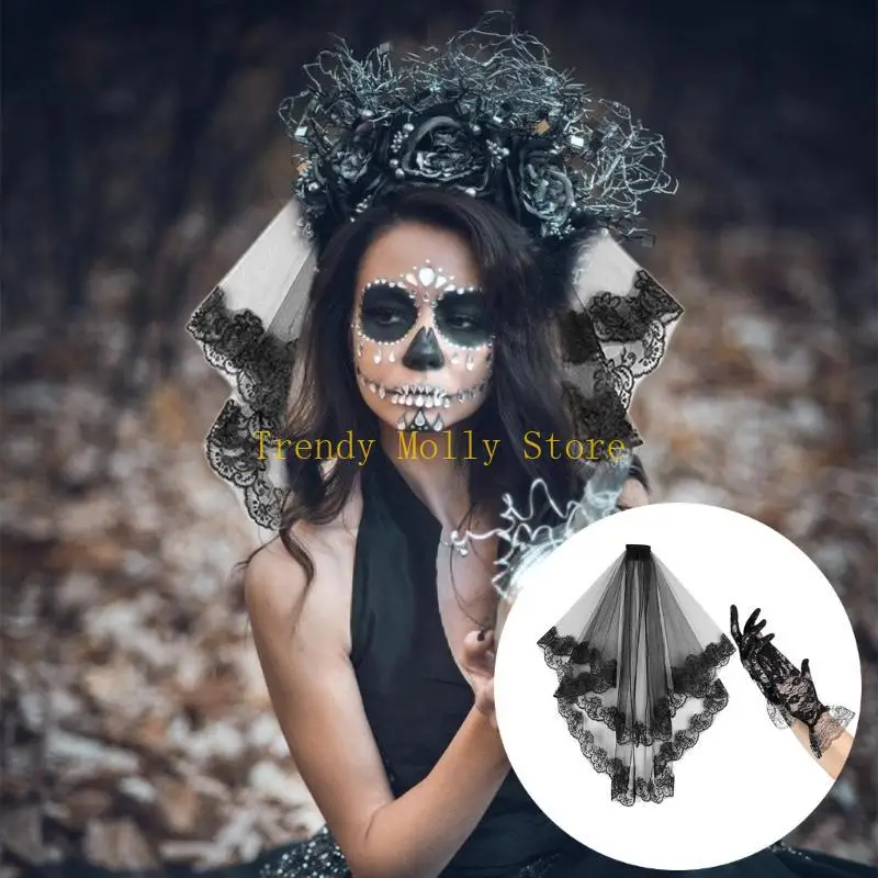 N5KB Halloween Black Lace Veil and Gants Set pour les costumes accessoires gothiques