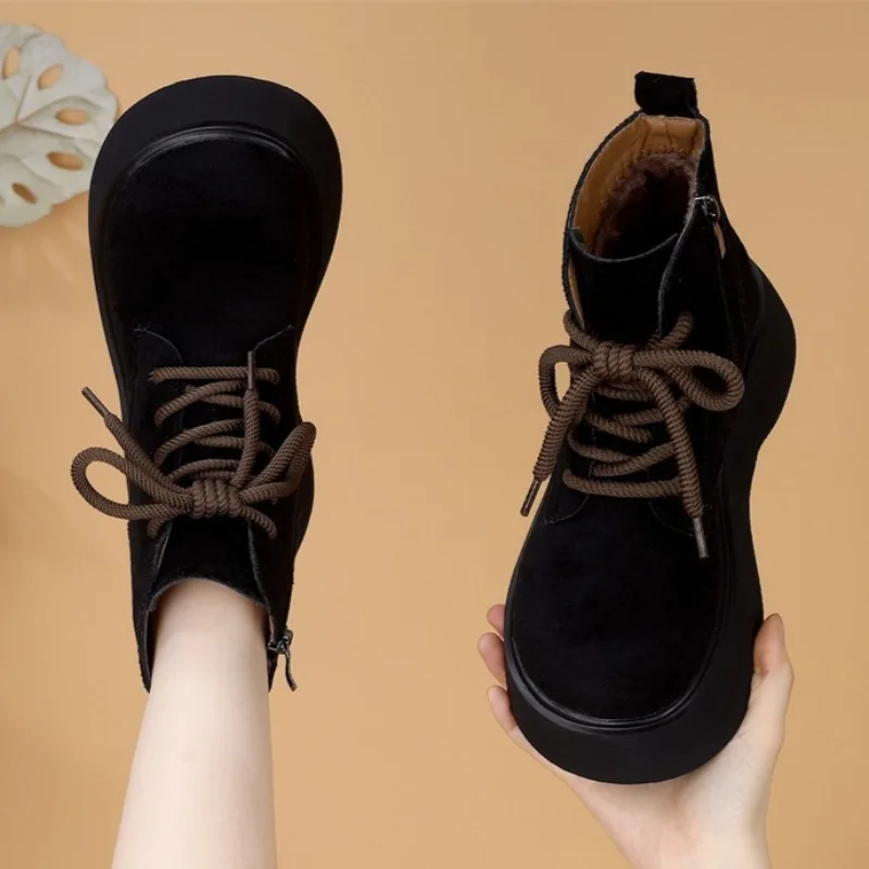 

Platform Women Lace Up Shoes Fashion Suede Ankle Boots 2025 Winter Designer Short Boots New Cozy Sneakers Dress Zapatillas Mujer