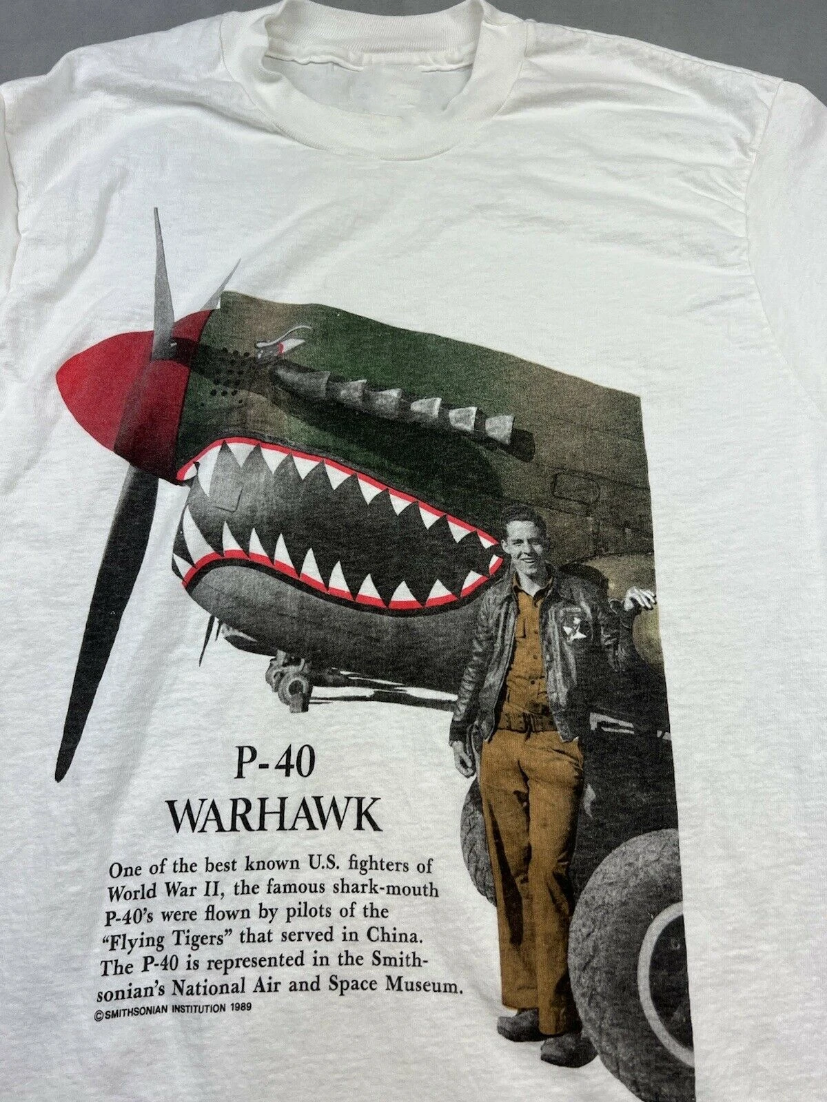 Vintage Flying Tigers P40 Warhawk T-shirt Military WWII Bomber White Men\'s 100% Cotton Casual T-shirts Loose Top Size S-3XL