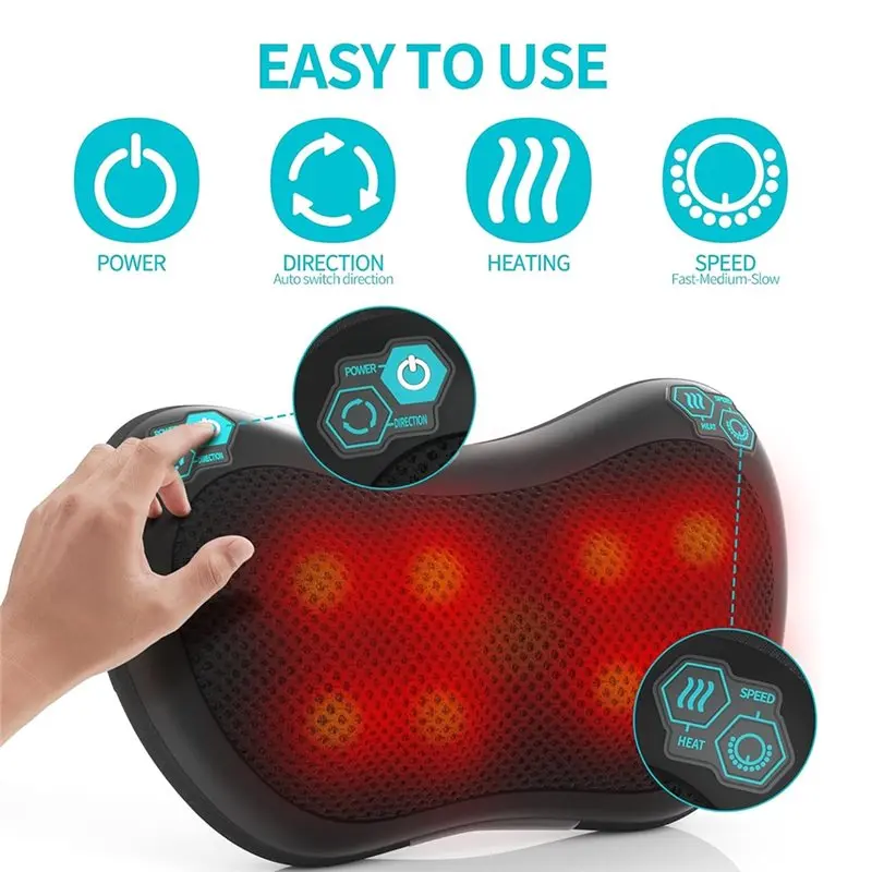 ABVI-Muscle Pain Relief Neck Massager With Heat 8 Deep Tissue Kneading Nodes 3 Speeds 2 Directions Lower Back Shoulder EU Plug