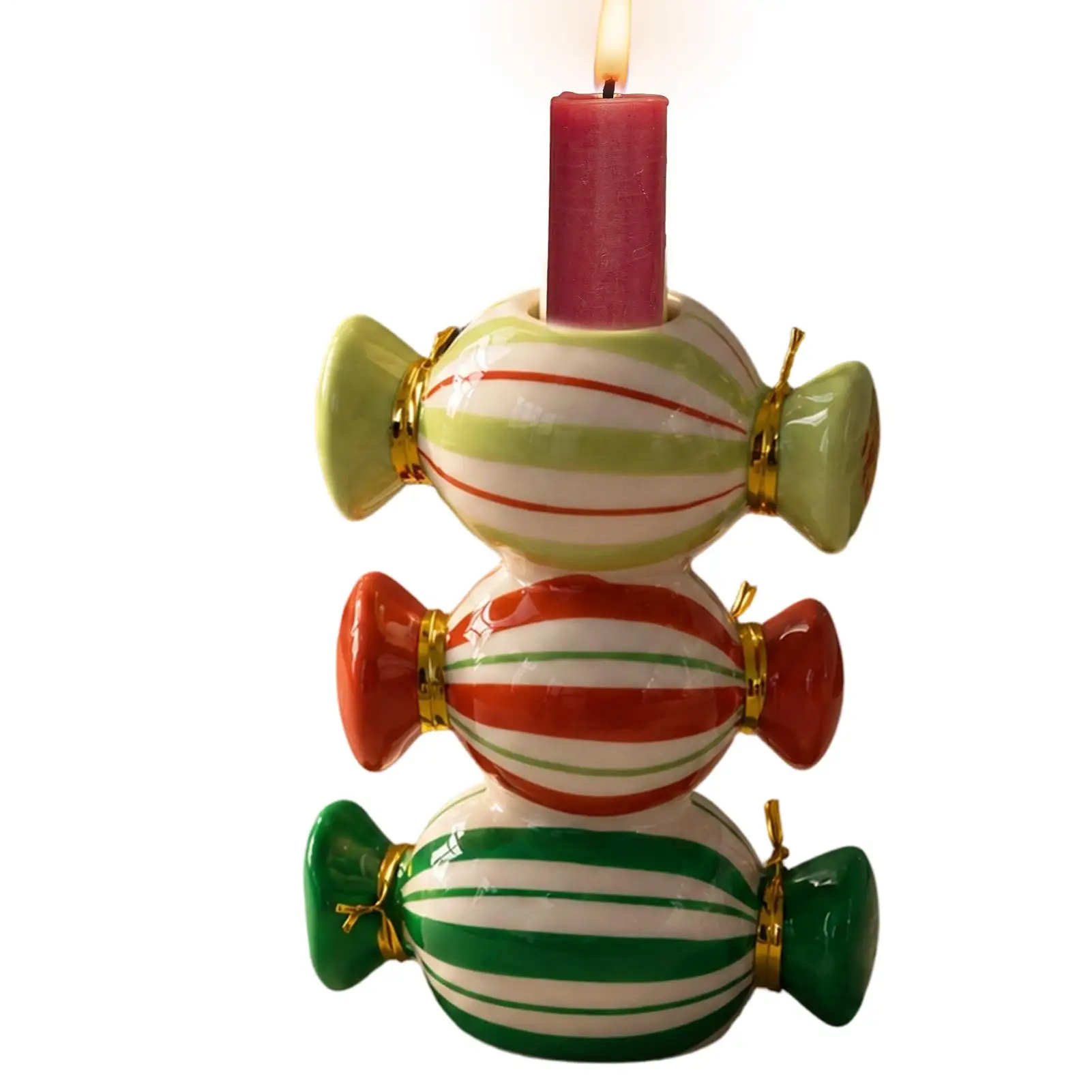 Ceramic Candy Long Wax Candle Holder 3-layer Christmas Cane Candy Stripe Design Pillar Candle Holder Colorful Candle Holder