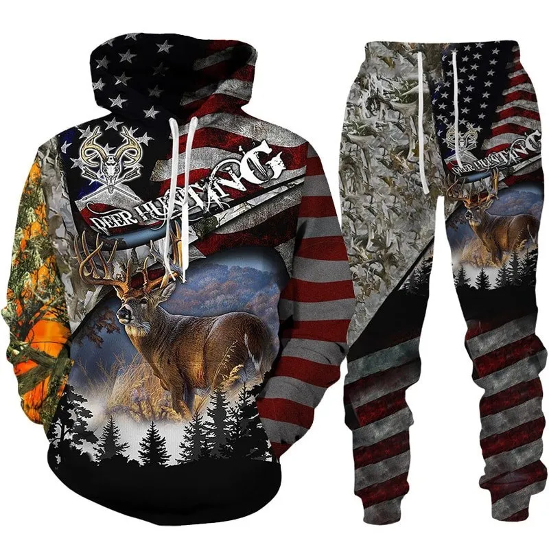 Country Men Deer Hunting Sweatshirt 3D Print Tracksuit Set Men\'s Hoodie Pants 2pcs Set Fashion Camo Streetwear Pullover Clothes