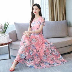 2025 Summer New Women Chiffon Printed Dress V-neck Female Long Fashion Slim Western Dress Korean Version Plus Size Beach Skirt.