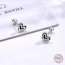 925 Sterling Silver Gothic Black Heart Shape Stud Earrings for Girls Fashion Love Punk Korean Style Earring Lady Summer Jewelry
