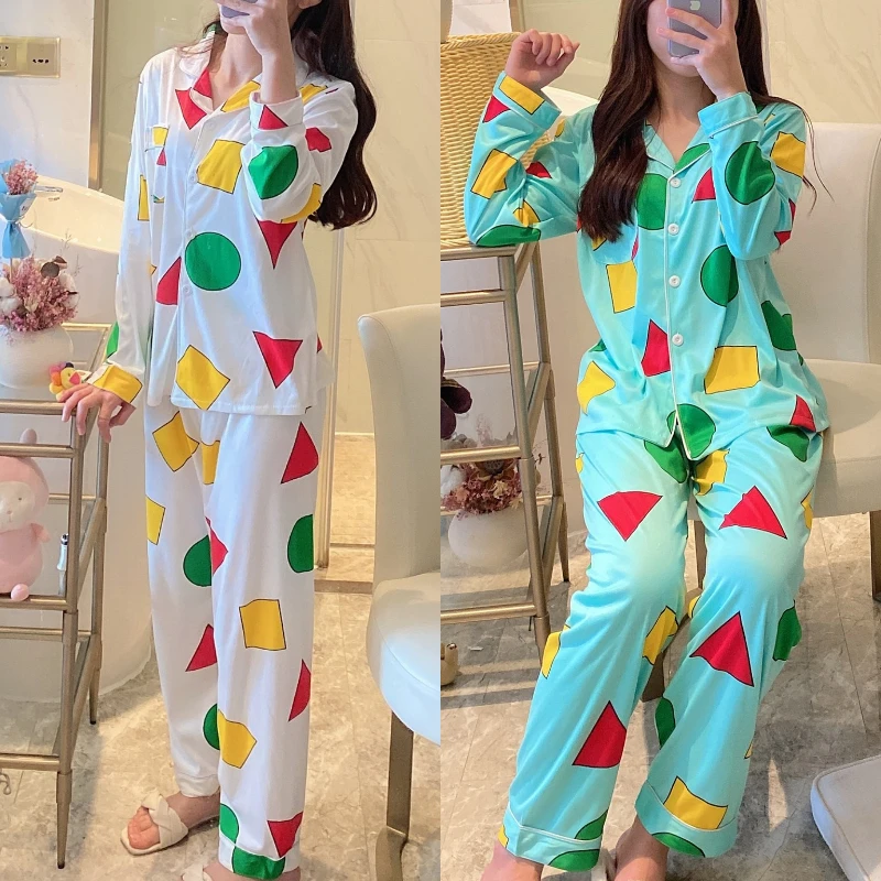 2PCS/Set Men and Women Spring Fall Couples Cute Cartoon Long-Sleeved Plus Size Homewear Green Geometric Patterns School Pajamas