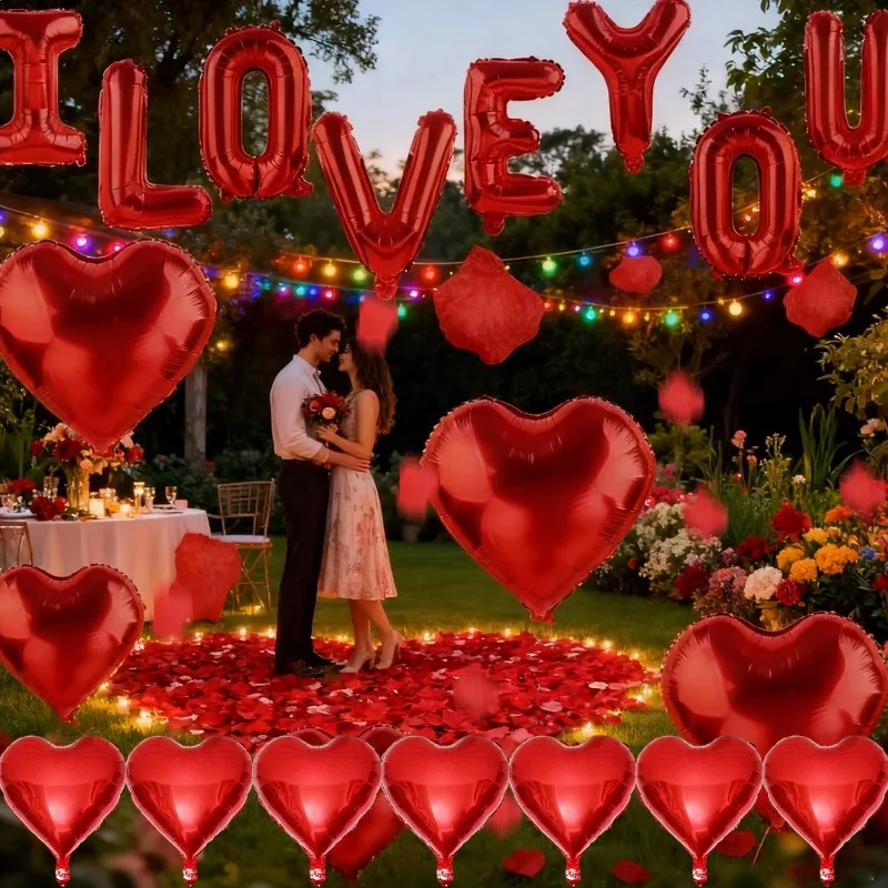 

Воздушные шары и лепестки ко Дню святого Валентина, наборы воздушных шаров из алюминиевой фольги в форме сердца, подарок на день рождения, декор для комнаты «сделай сам» с лентами