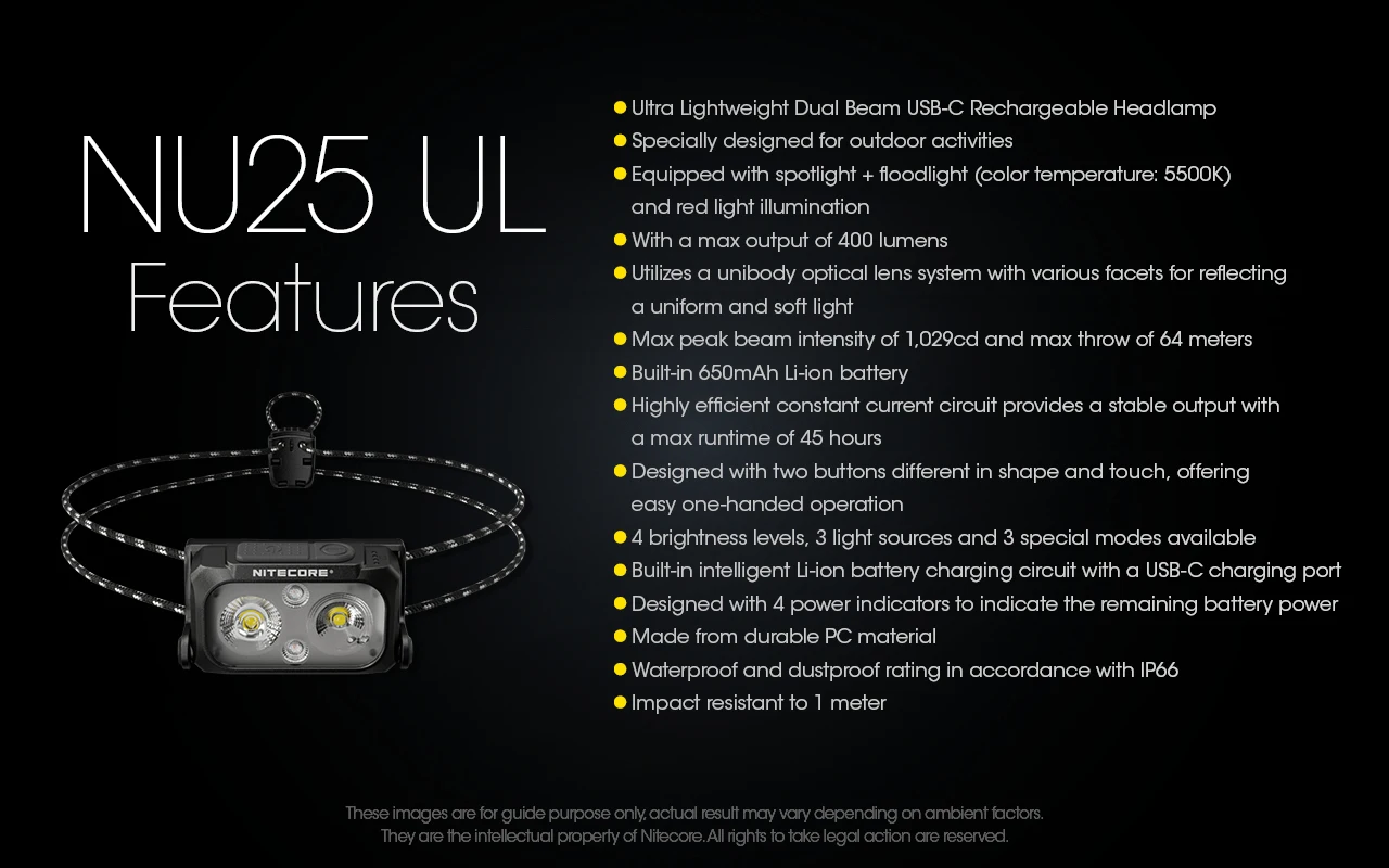 NITECORE NU25 UL 400 lumen USB-C Rechargeable Headlamp Built-in 650mAh Battery for Outdoor/Camping, Trail Running